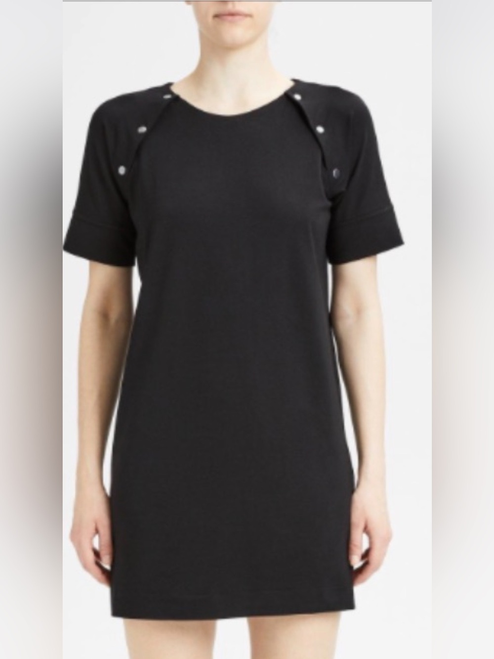 Theory Black Short Sleeve Snap-Shoulder Midi Dress